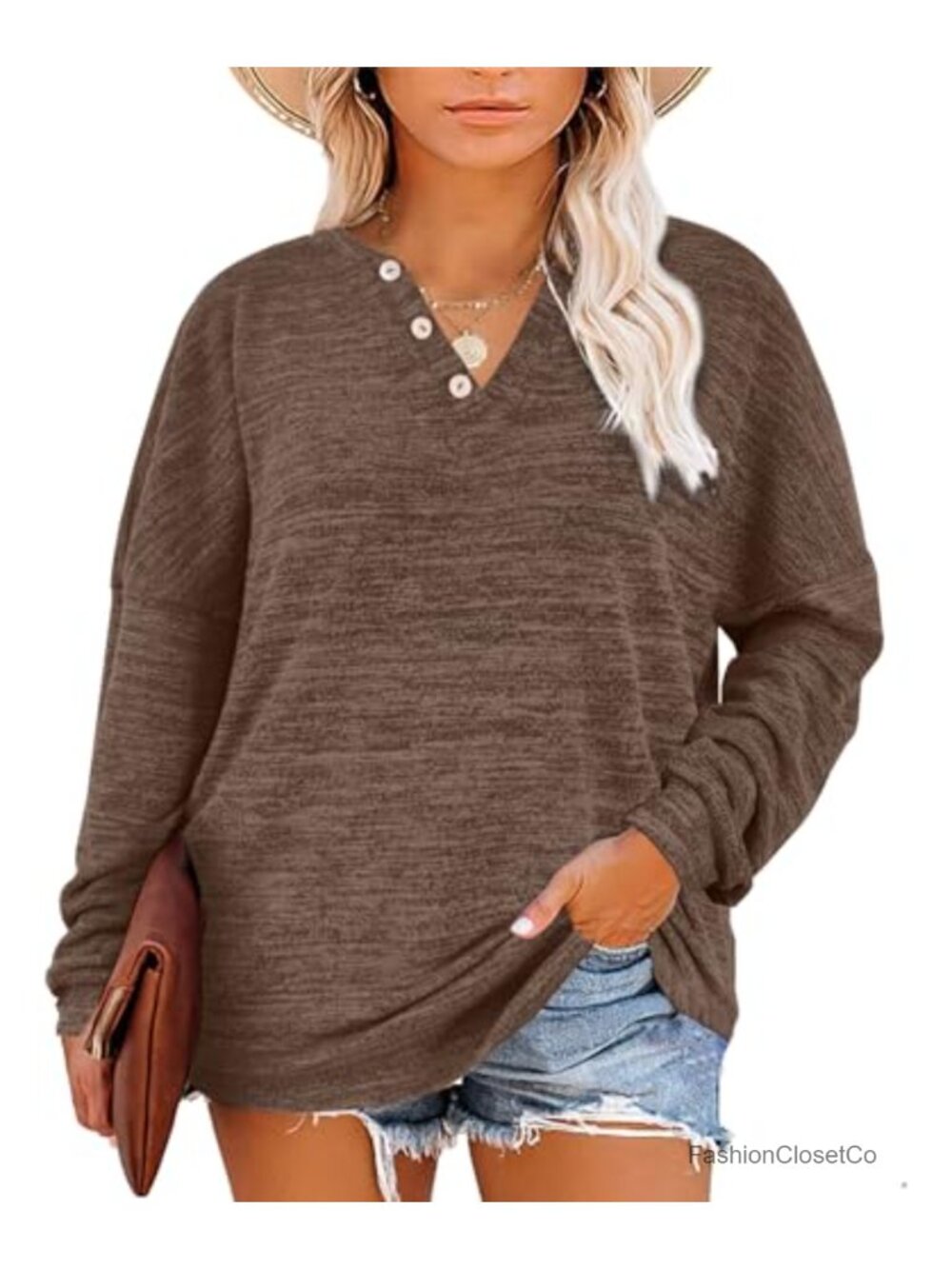Plus Size Women's Long Sleeve Henley Sweatshirt Oversized Curved Hem